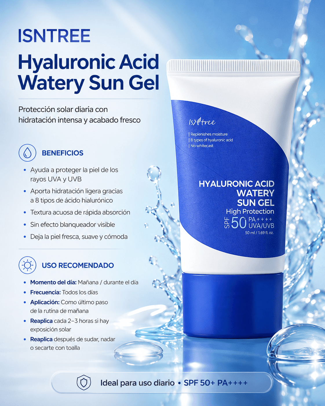 ISNTREE Hyaluronic Acid Watery Sun Gel SPF50+ PA++++ de 50 ml