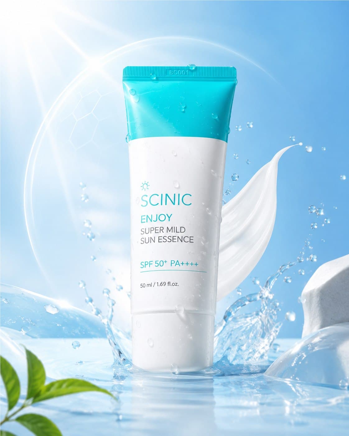 SCINIC Super Mild Sun Essence sobre fondo azul