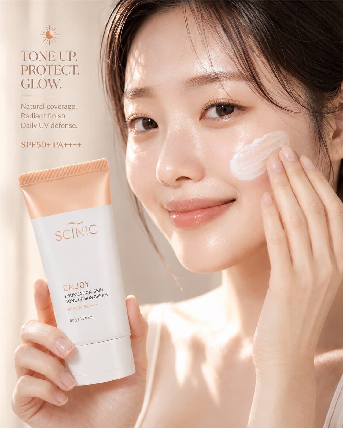 SCINIC Tone Up Sun Cream sobre piel luminosa